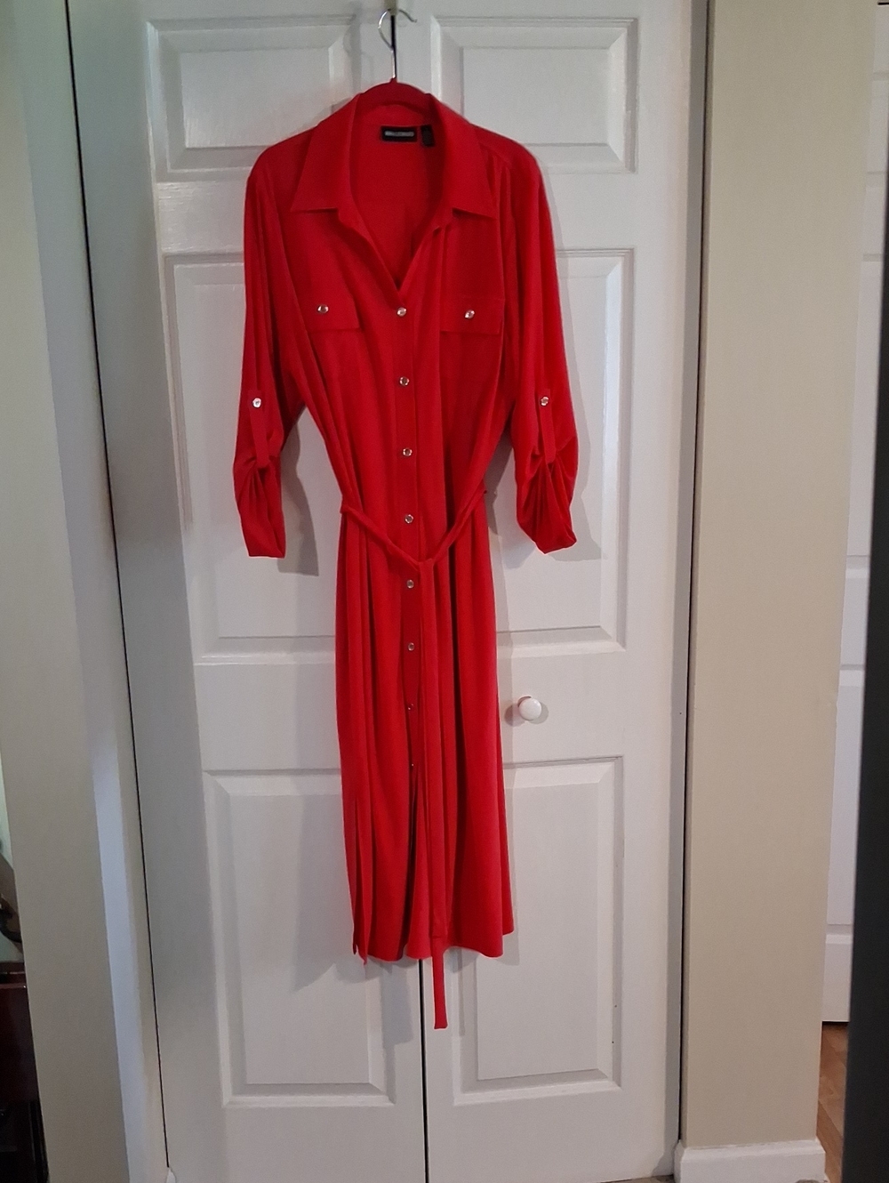 Red Button-Front Shirt Dress with Tie Waist